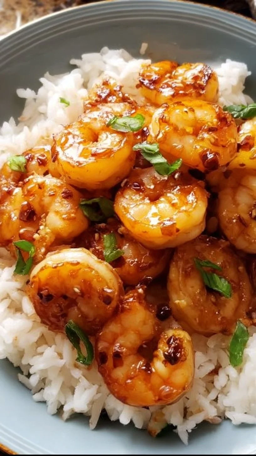 20-minute honey garlic shrimp dish served over rice with vegetables