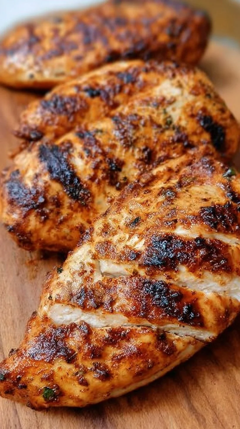 Air fryer grilled chicken breast garnished with herbs on a plate.