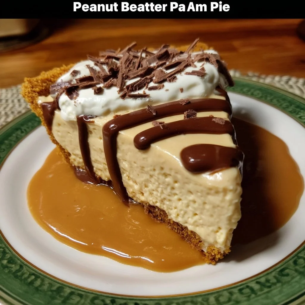 Amish Peanut Butter Cream Pie served on a plate with whipped cream topping