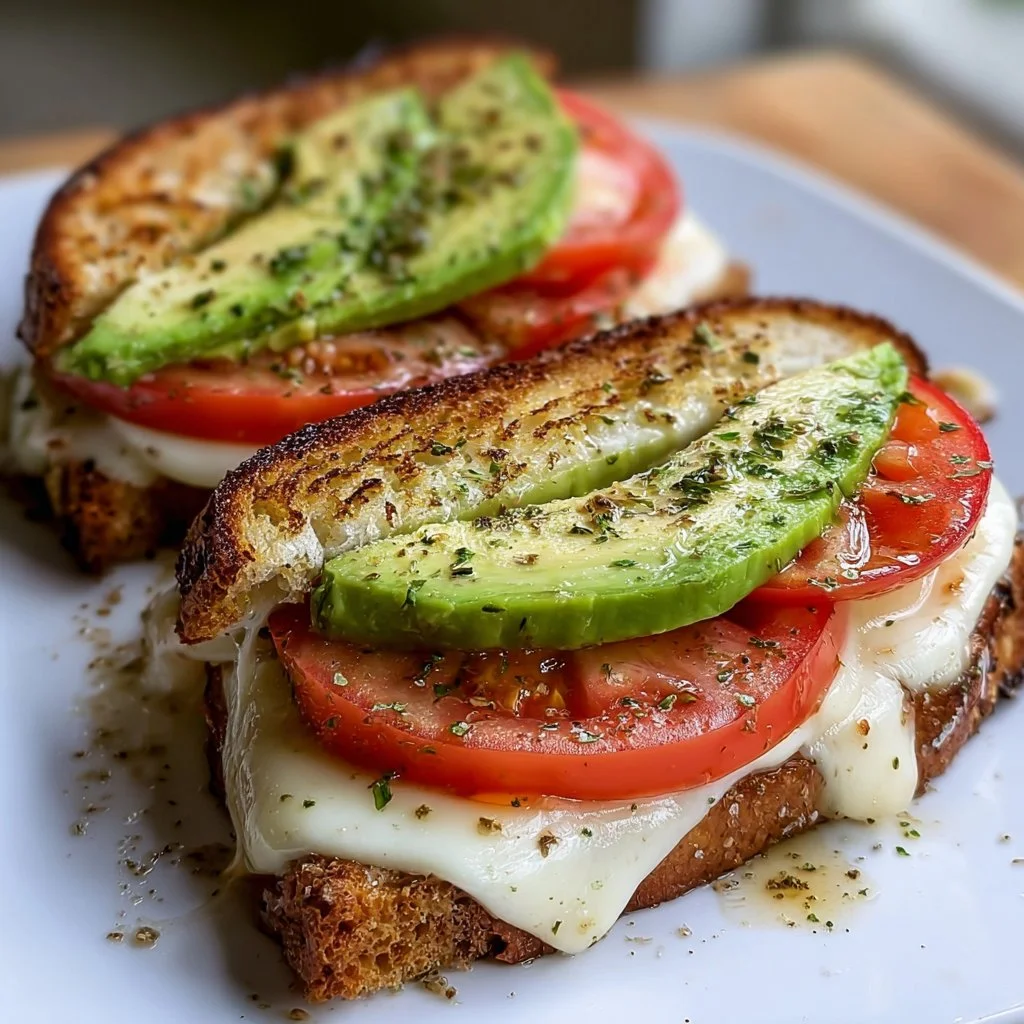 Avocado, mozzarella, and tomato grilled cheese sandwich on a plate