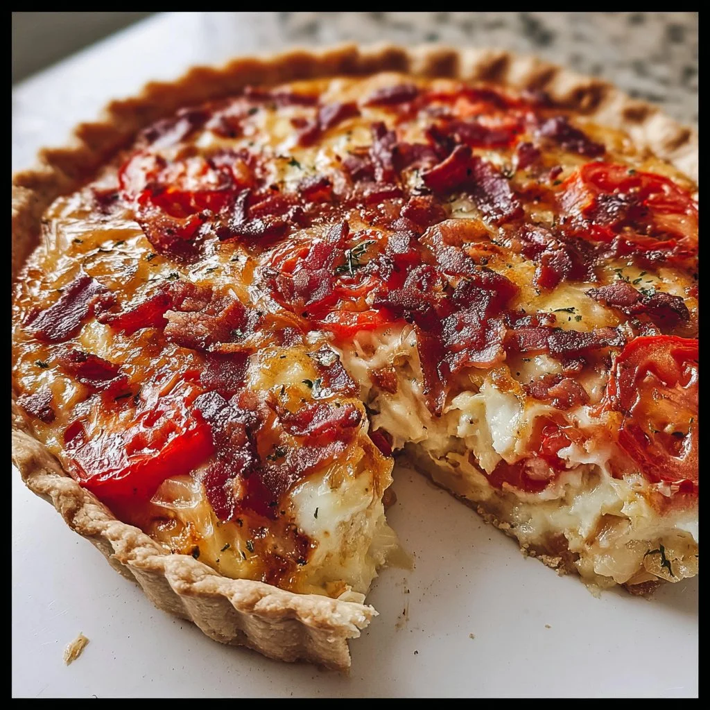 Delicious Bacon Onion Tomato Pie with crispy bacon and fresh tomatoes