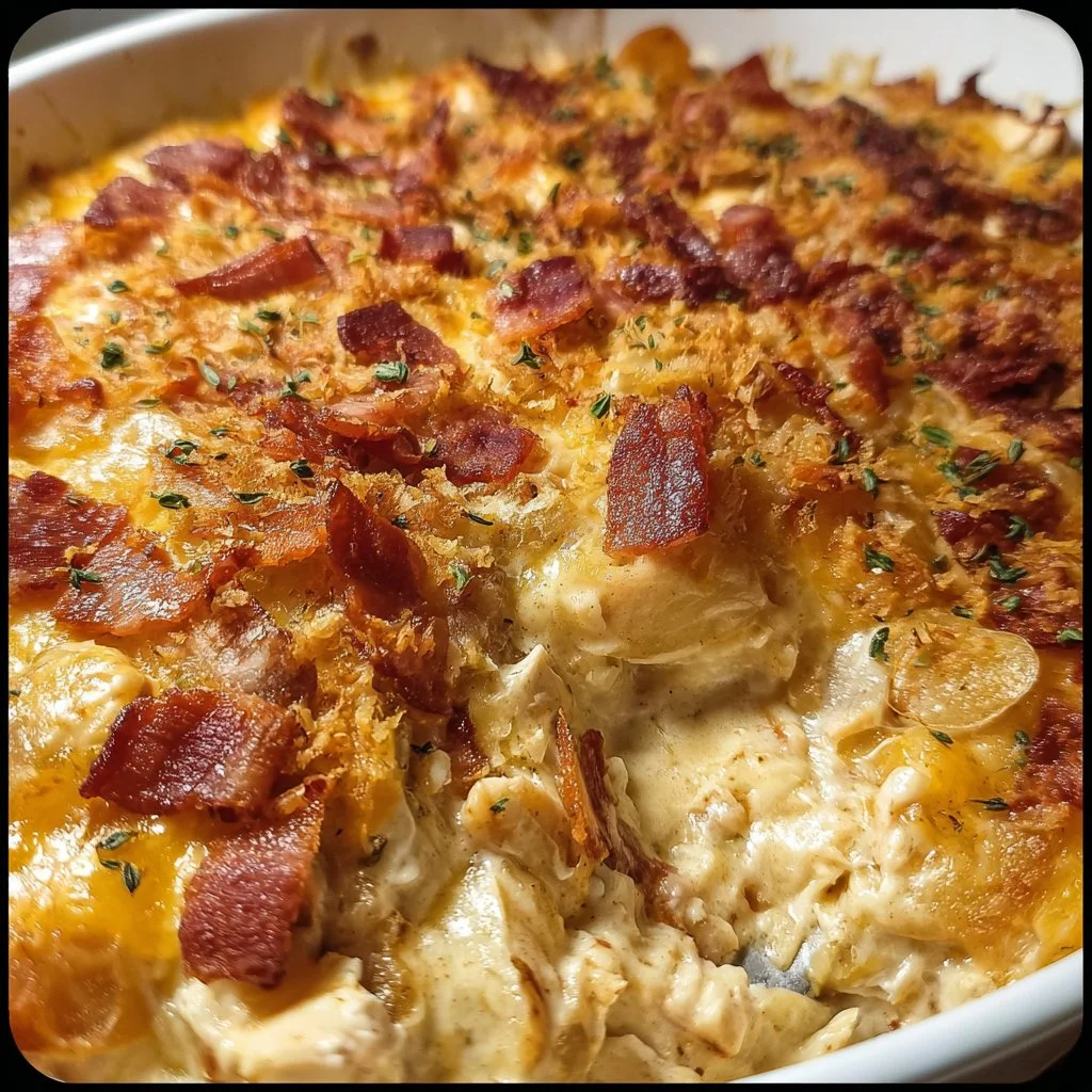 Delicious Bacon Ranch Chicken Casserole with crispy bacon and creamy ranch sauce