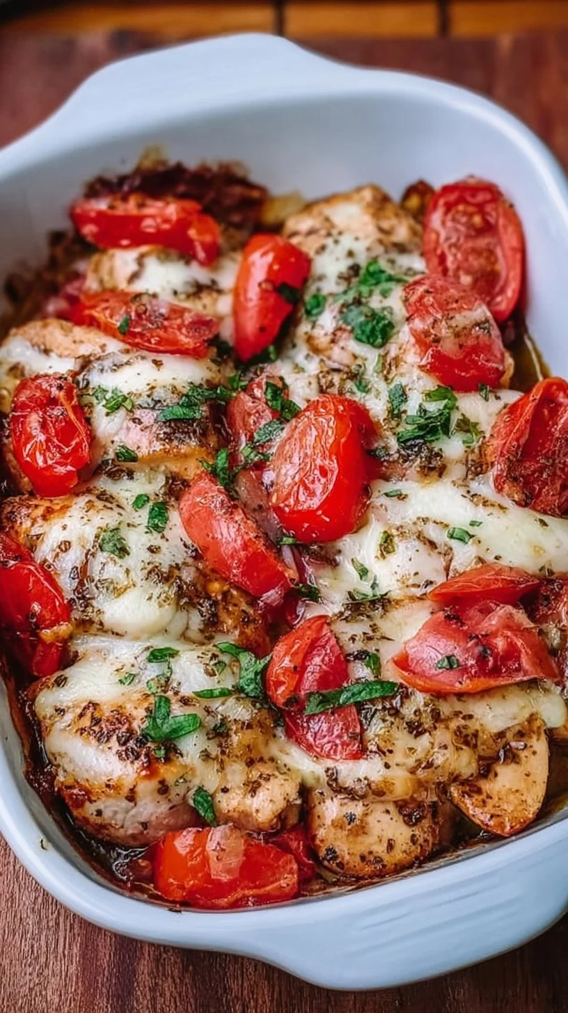 Baked Chicken Caprese with fresh tomatoes, mozzarella, and basil on a plate