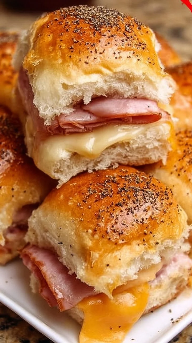 Baked ham and cheese sliders on a tray, perfect for gatherings