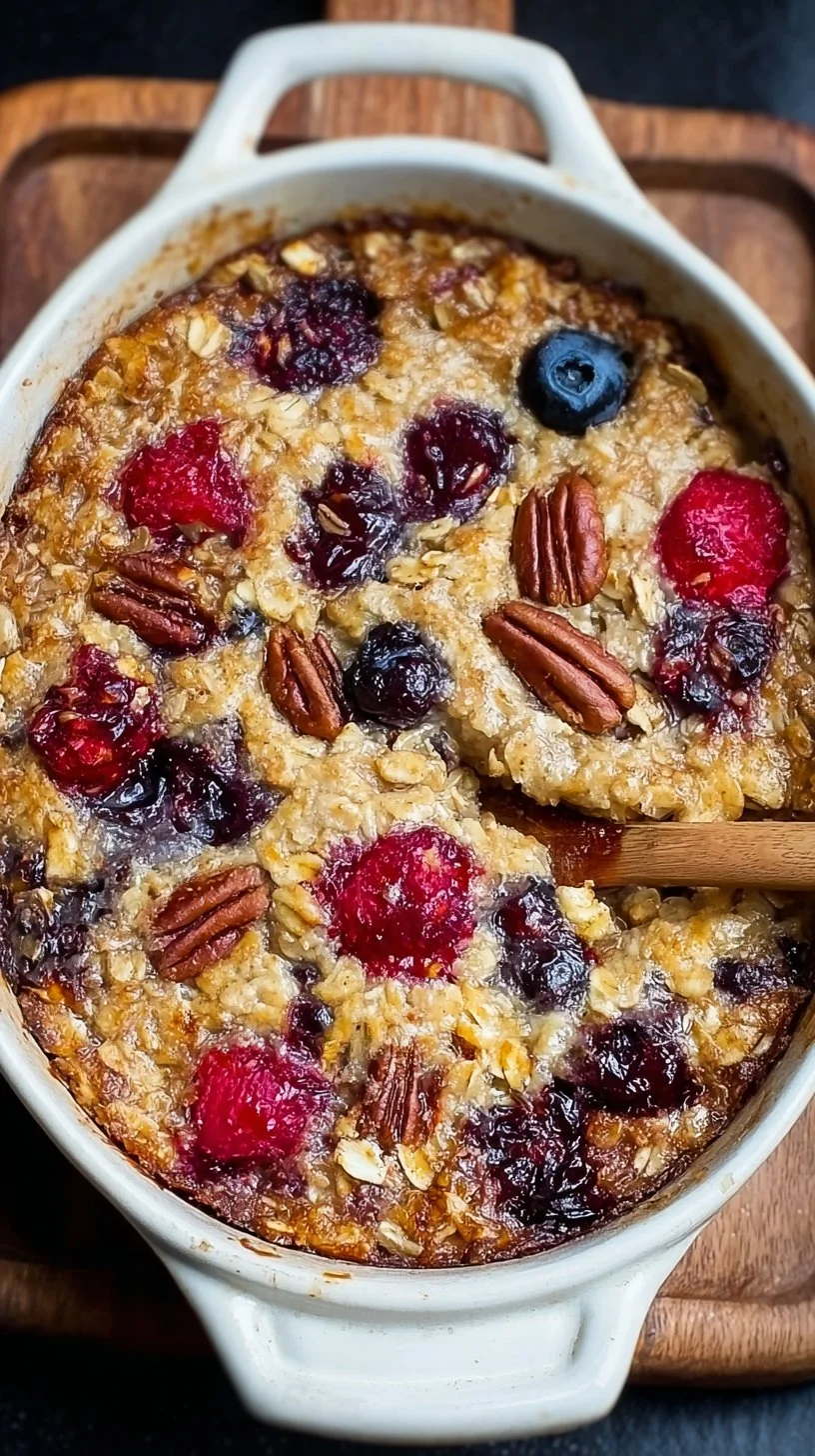 Baked protein oats topped with fruits and nuts for a healthy breakfast.