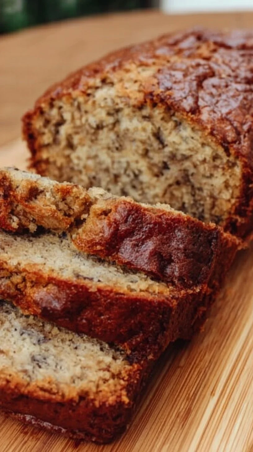 Freshly baked banana bread sliced on a wooden cutting board