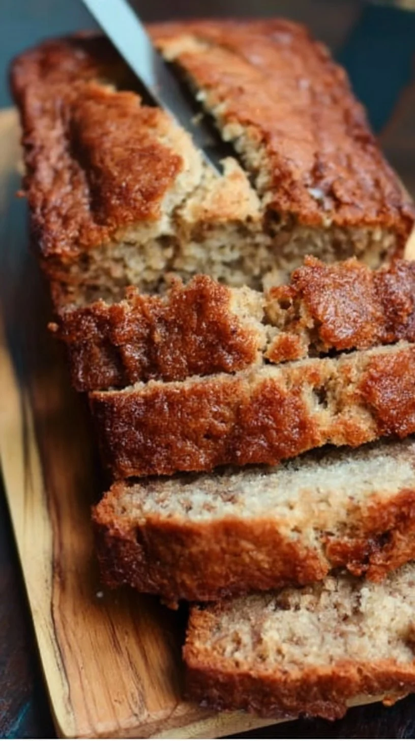 Freshly baked banana bread loaf with sliced bananas on a wooden board