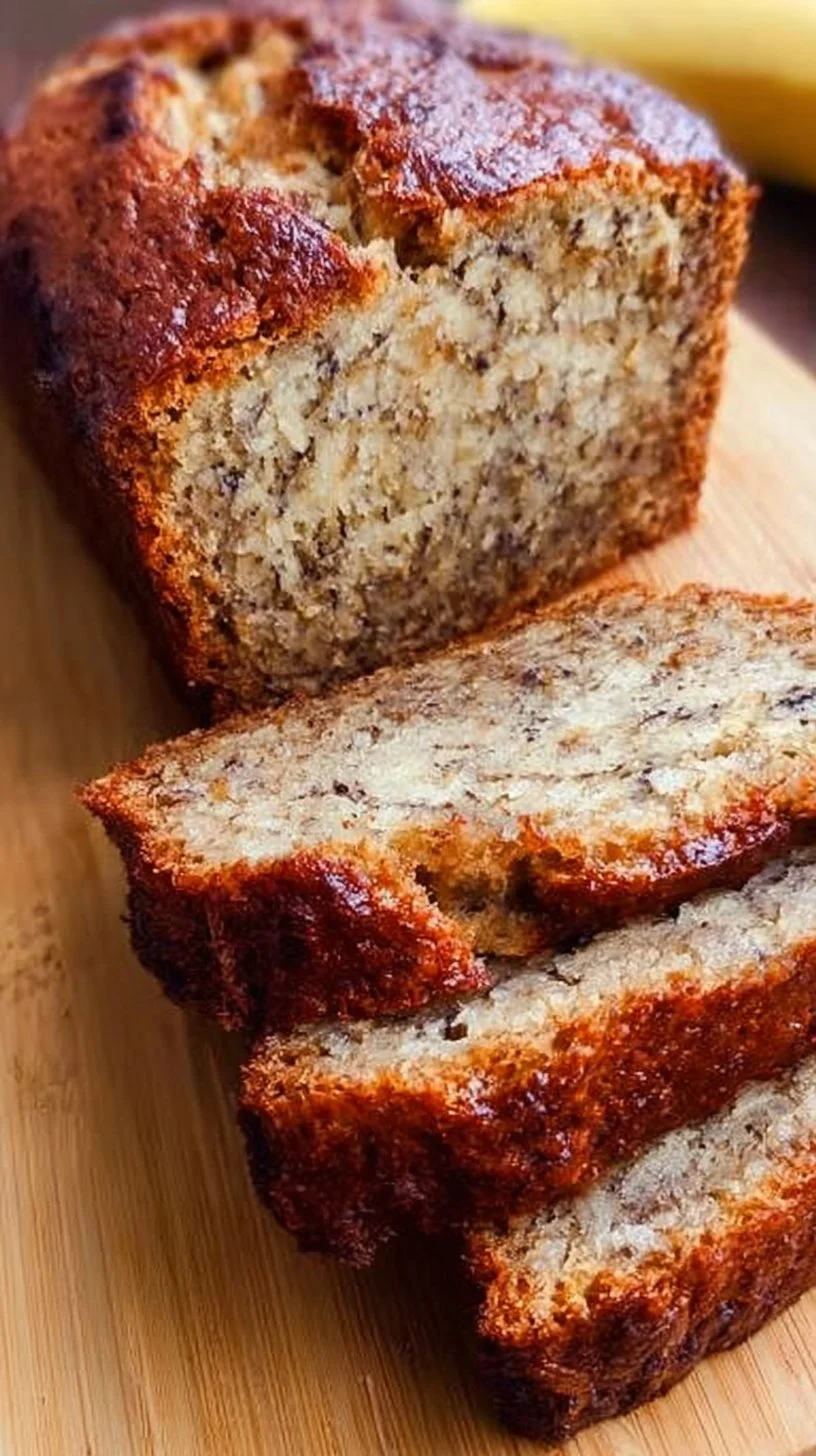 Delicious homemade banana bread loaf with ripe bananas