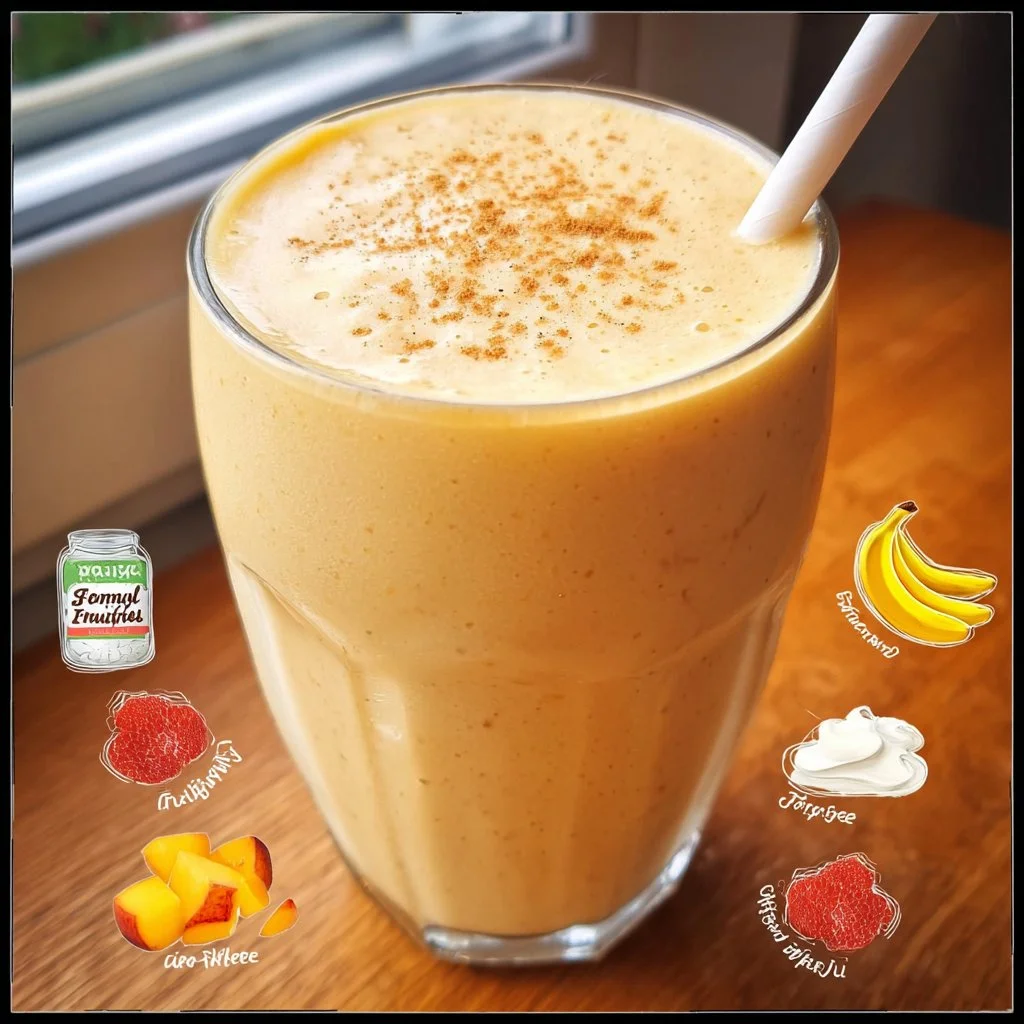 Delicious and refreshing Banana Peach Smoothie in a glass with fruits