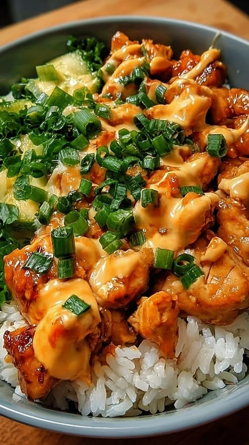 Delicious Bang Bang Chicken Bowl topped with fresh ingredients and spicy sauce.