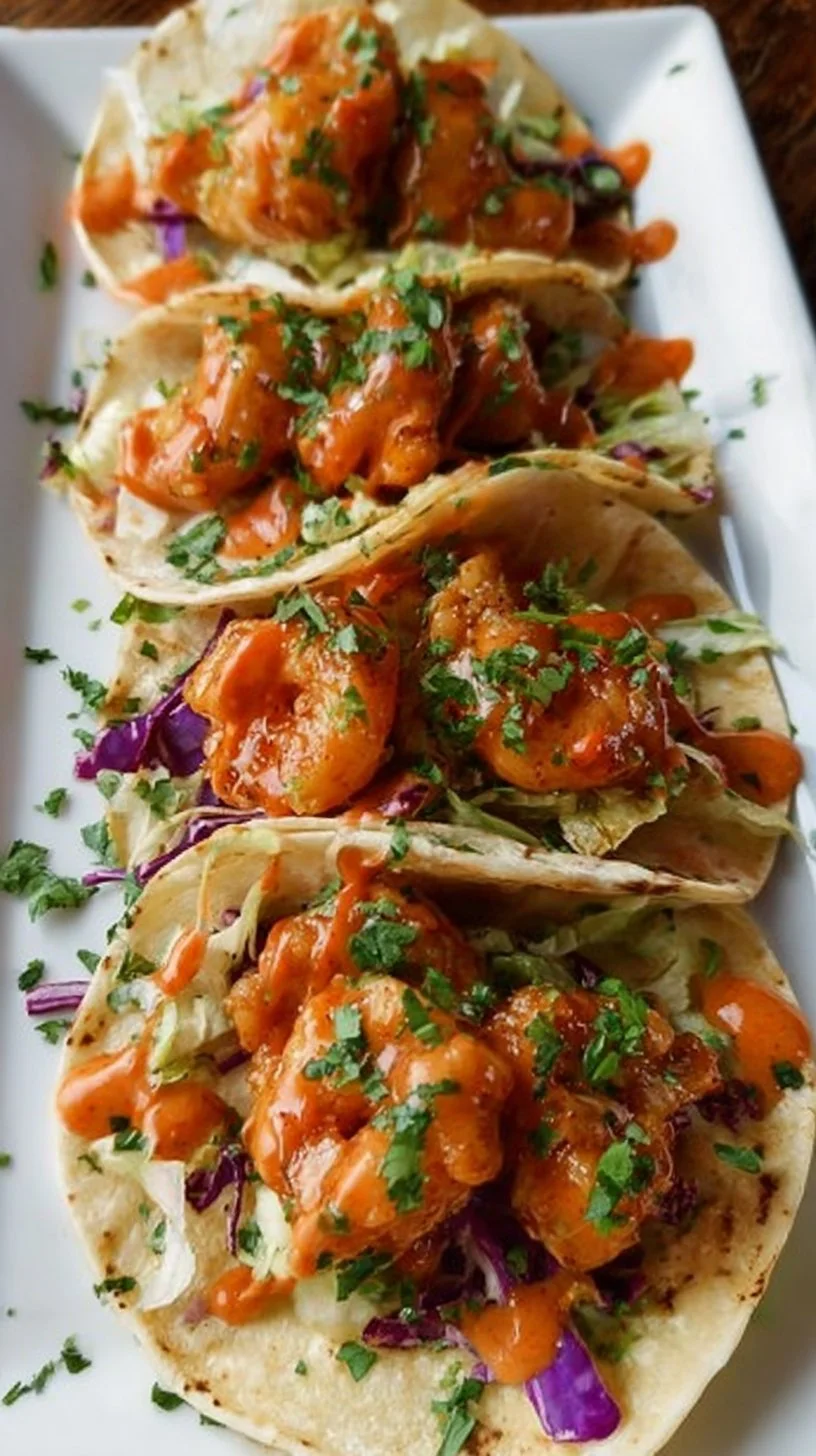 Delicious Bang Bang Shrimp Tacos with a spicy sauce and fresh toppings.