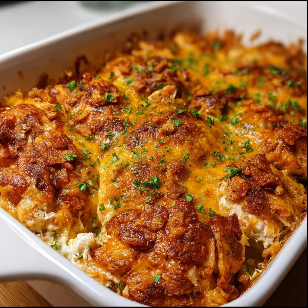 Delicious BBQ Ranch Chicken Bake served on a platter with fresh ingredients