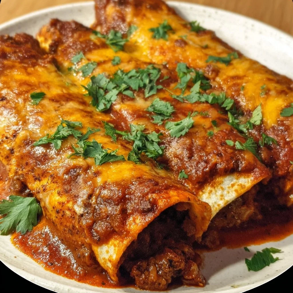 Plate of beef enchiladas topped with red sauce and garnished with cilantro