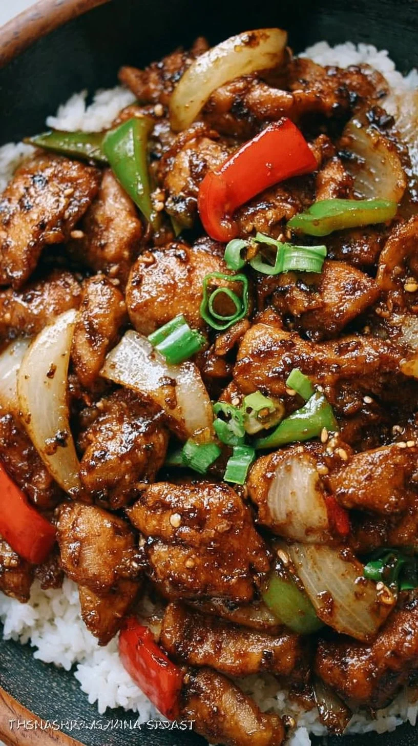Delicious Black Pepper Chicken served with vegetables and rice.