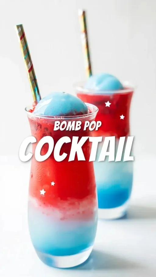 Colorful Bomb Pop cocktail garnished with cherries and a festive straw