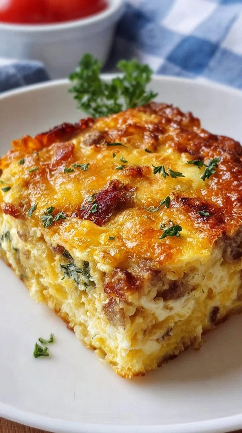 Serving a homemade breakfast casserole with eggs, cheese, and vegetables.