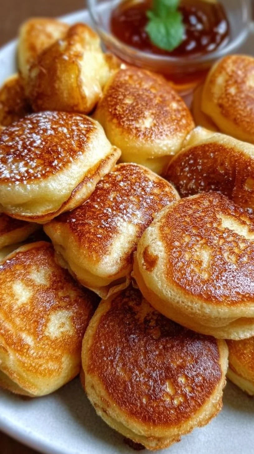 Breakfast pancake poppers served with syrup and fresh fruit.