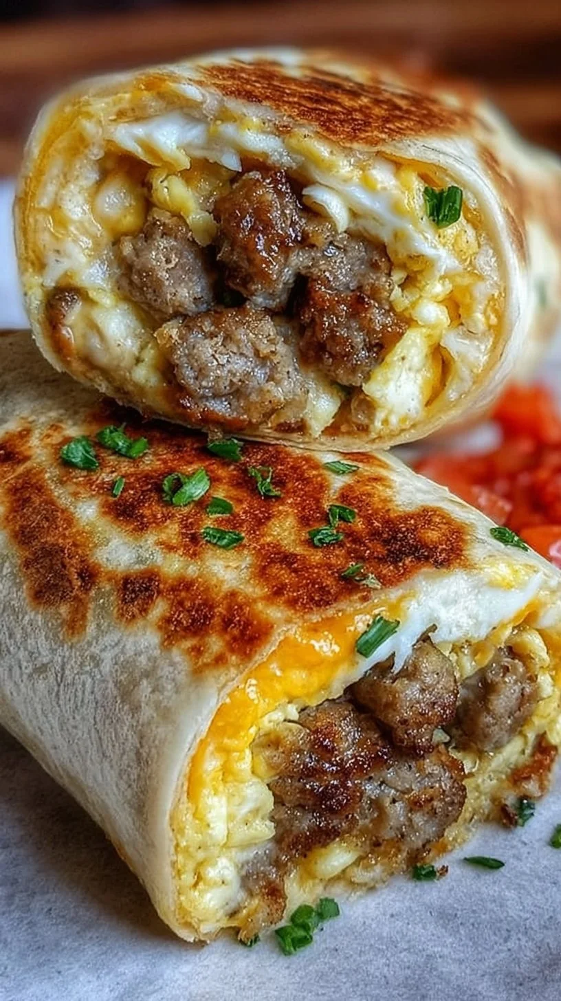 Breakfast burritos filled with sausage and egg, perfect for a quick meal