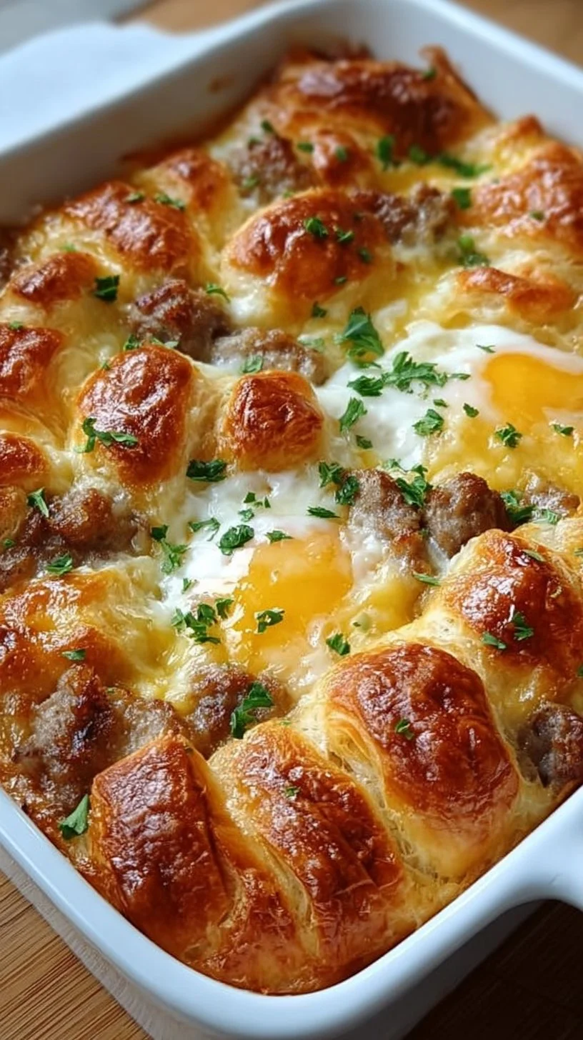 Savory breakfast sausage and egg croissant bake served on a plate