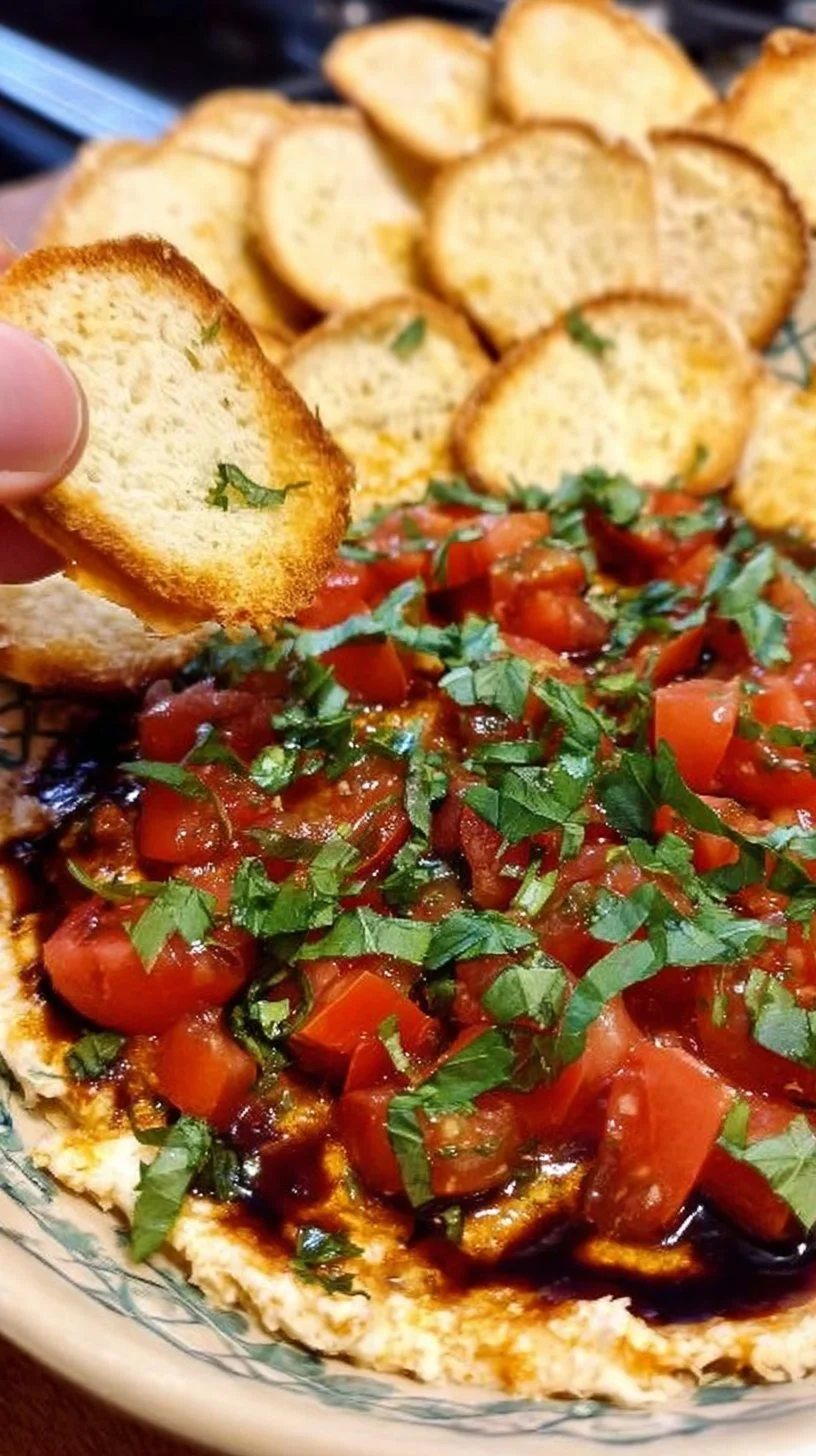 Delicious bruschetta dip served in a bowl with fresh toppings