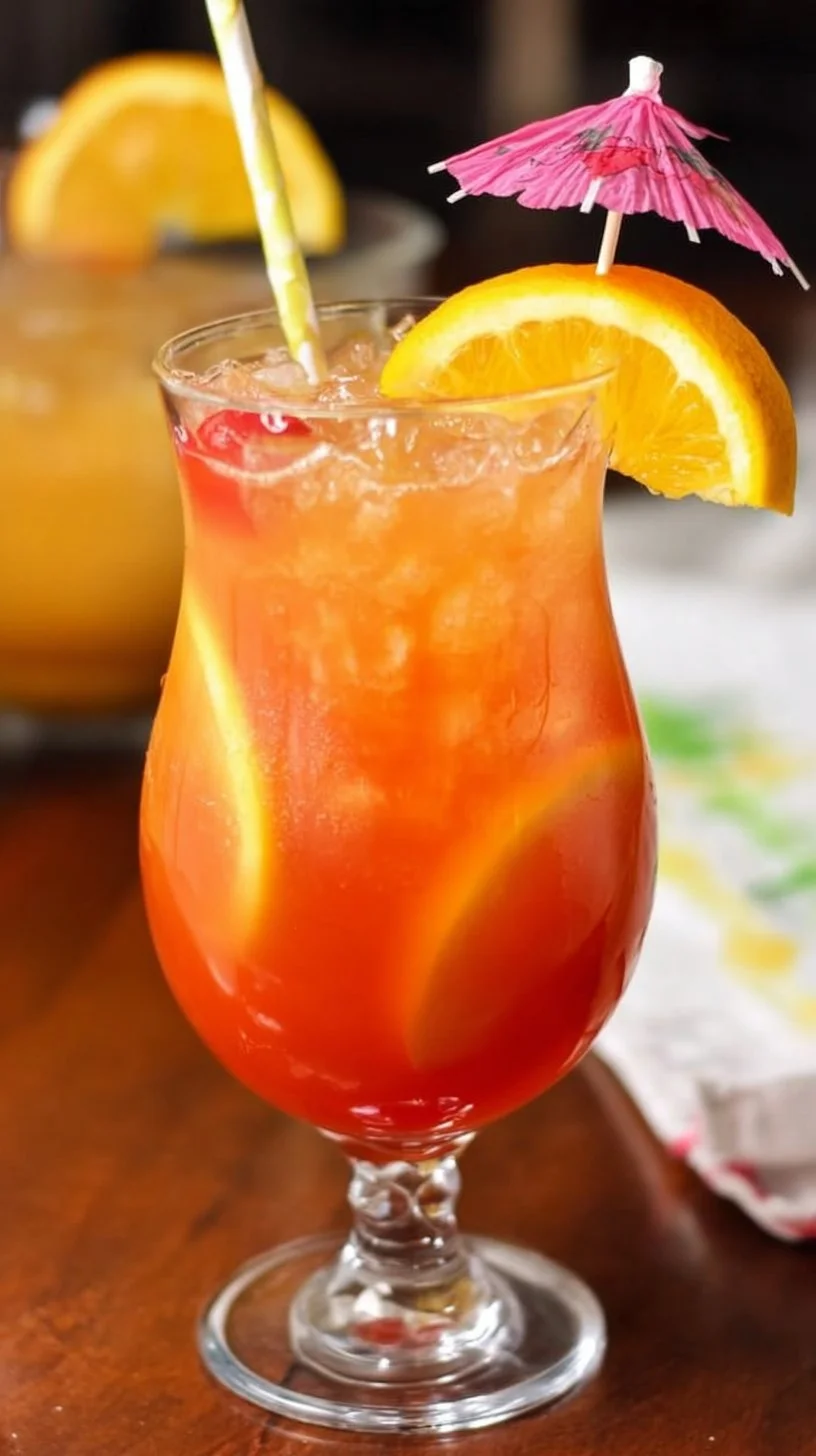 A colorful glass of Caribbean Rum Punch with tropical fruits and ice