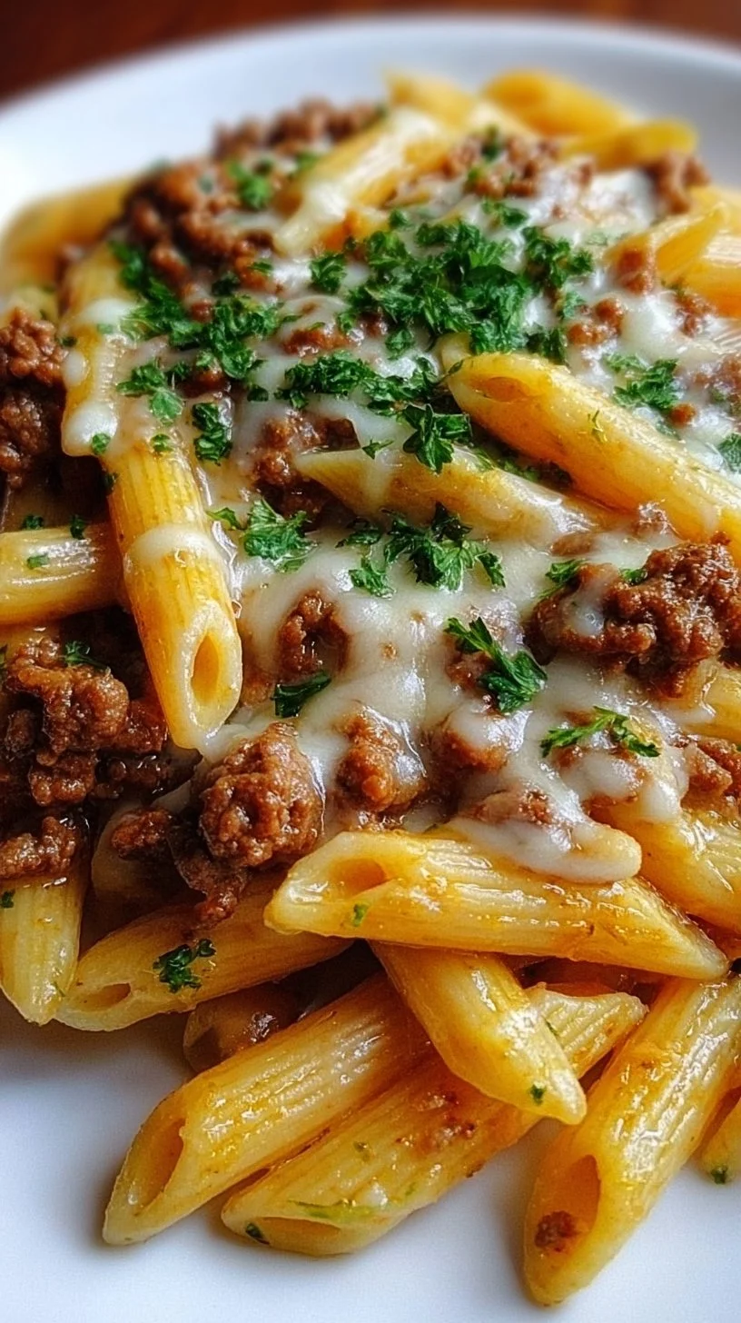 Cheesy penne pasta dish with garlic butter and ground beef