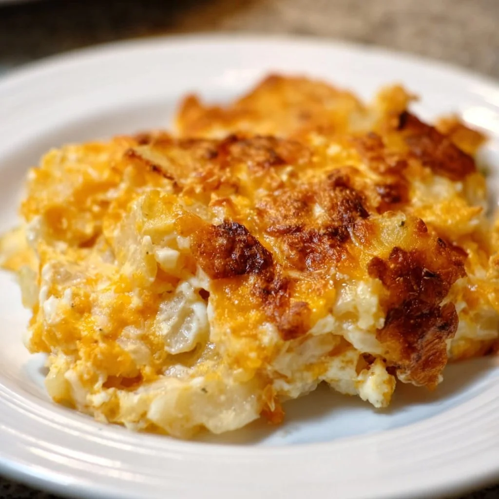 Delicious cheesy potato casserole ready to be served.
