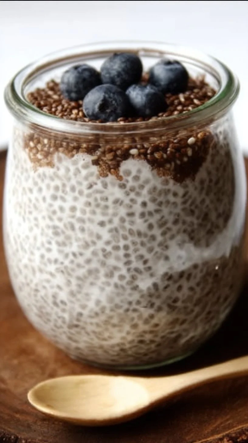 Delicious chia seed pudding topped with fruits and nuts in a glass bowl