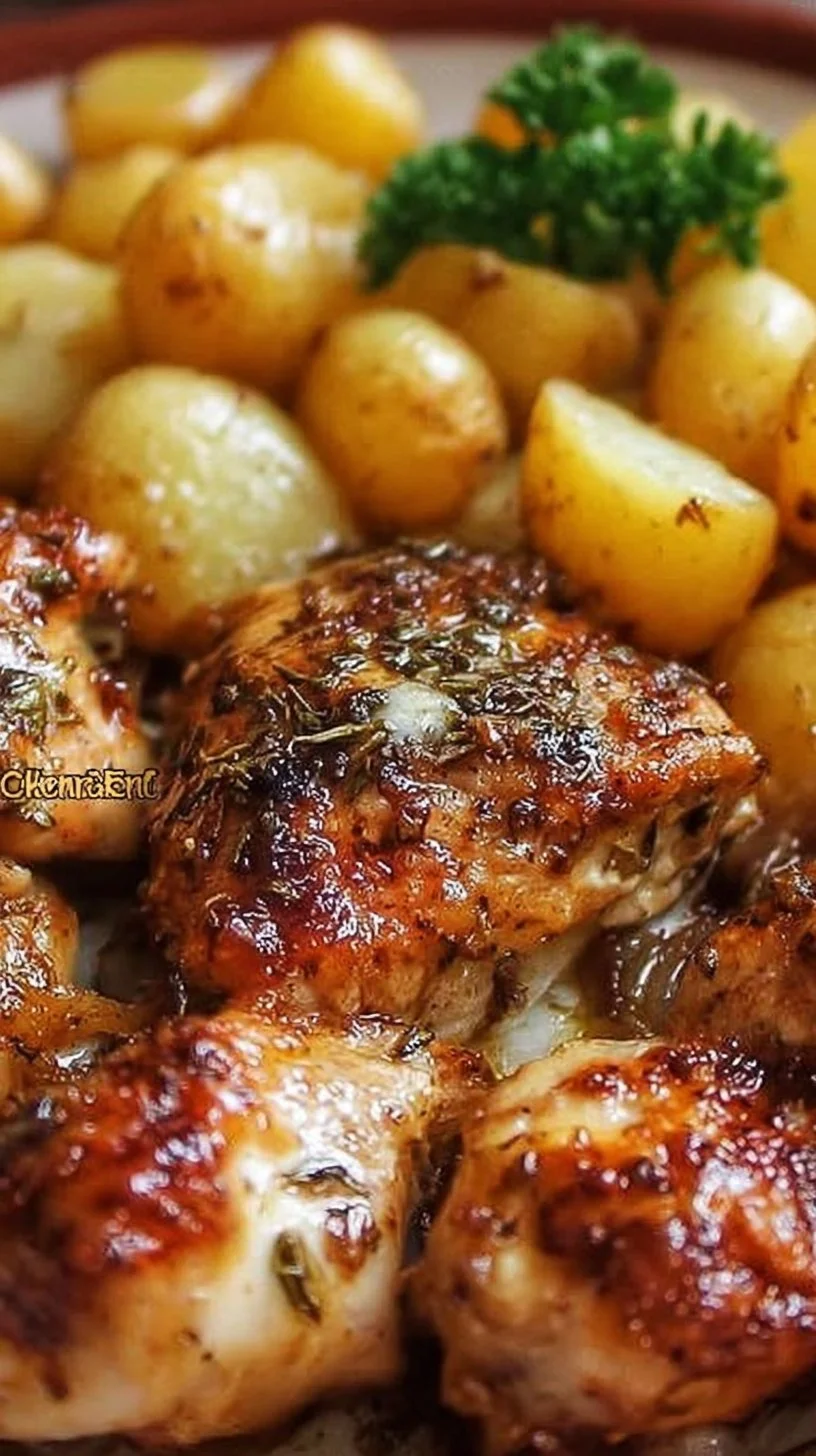 Delicious plate of chicken and potatoes served with fresh herbs