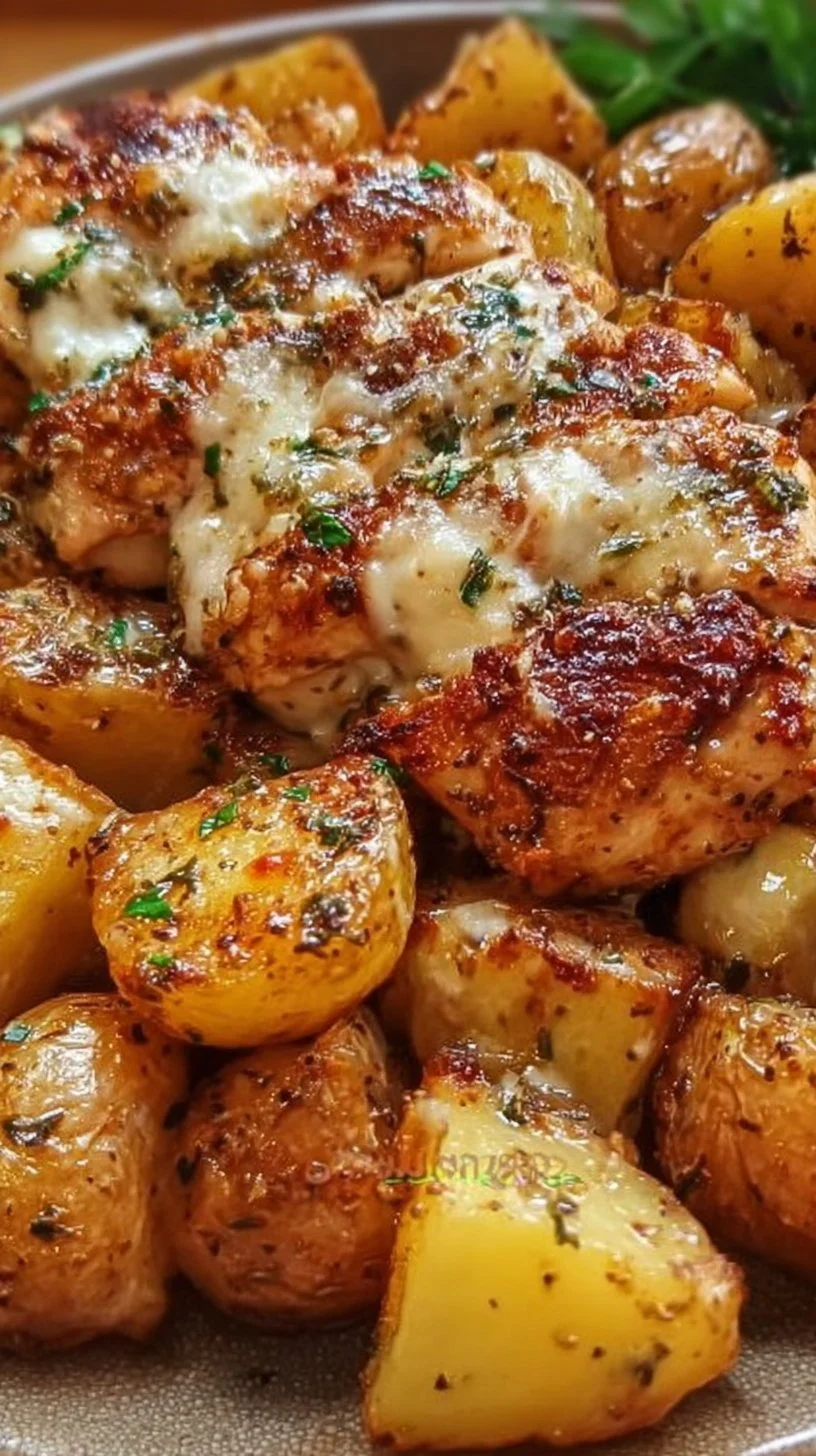 Oven-baked chicken and potatoes with garlic and parmesan topping