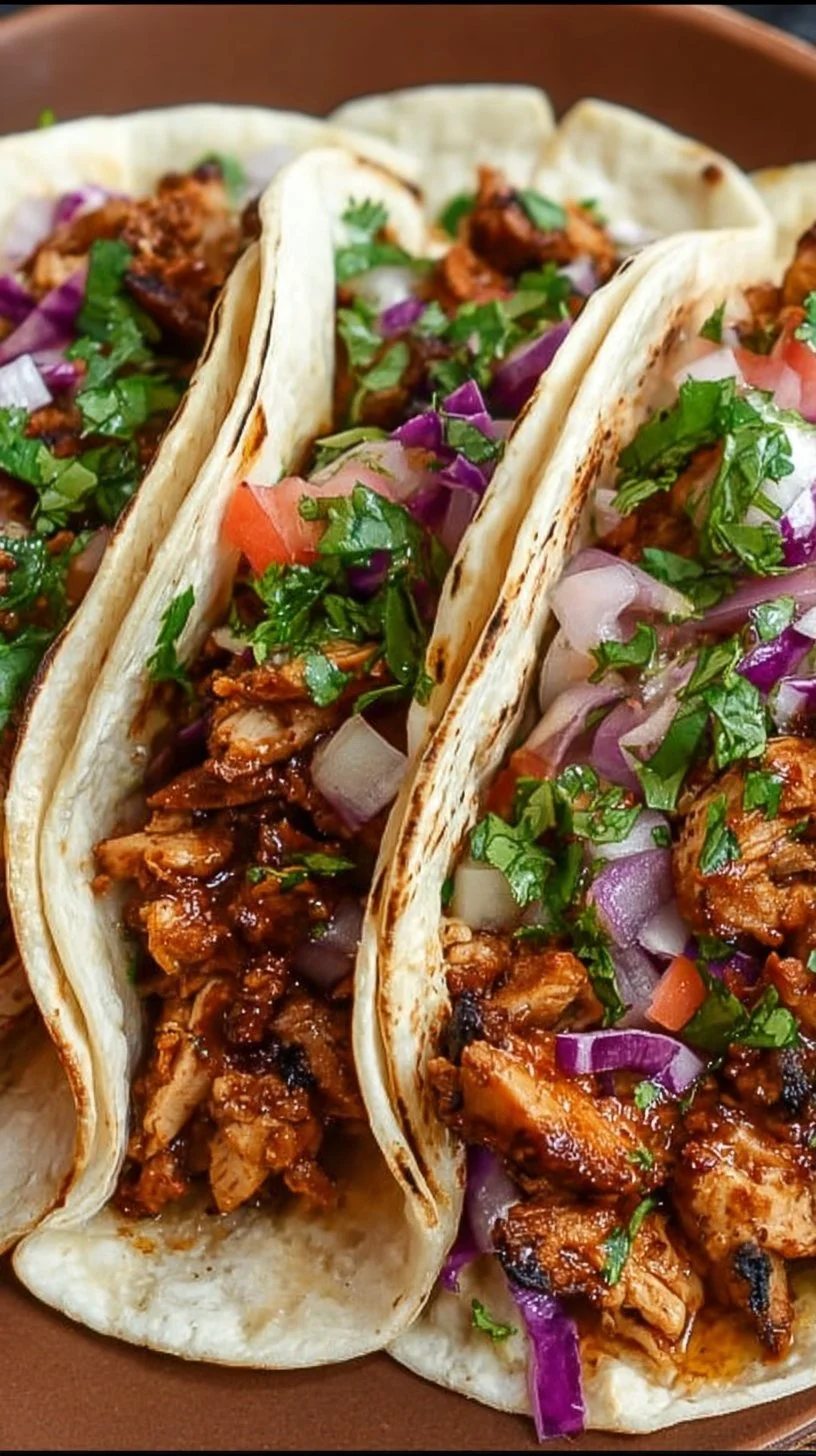 Delicious Chicken Street Tacos served with fresh toppings and lime