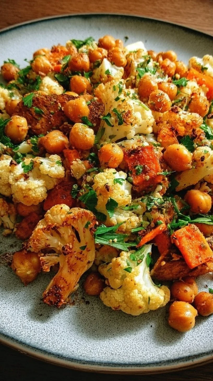 Chickpea and cauliflower salad with vibrant vegetables in a bowl