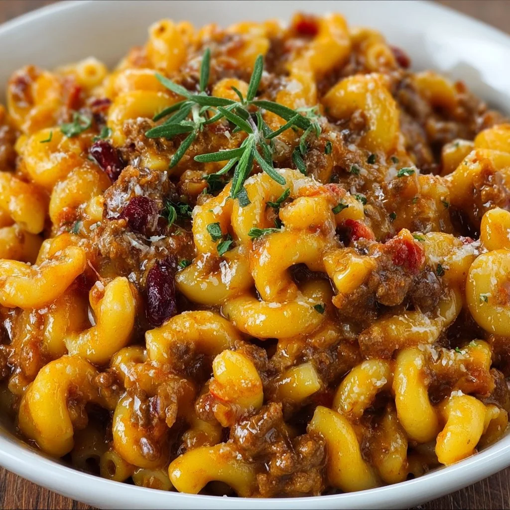 Delicious bowl of Chili Mac with cheese and toppings