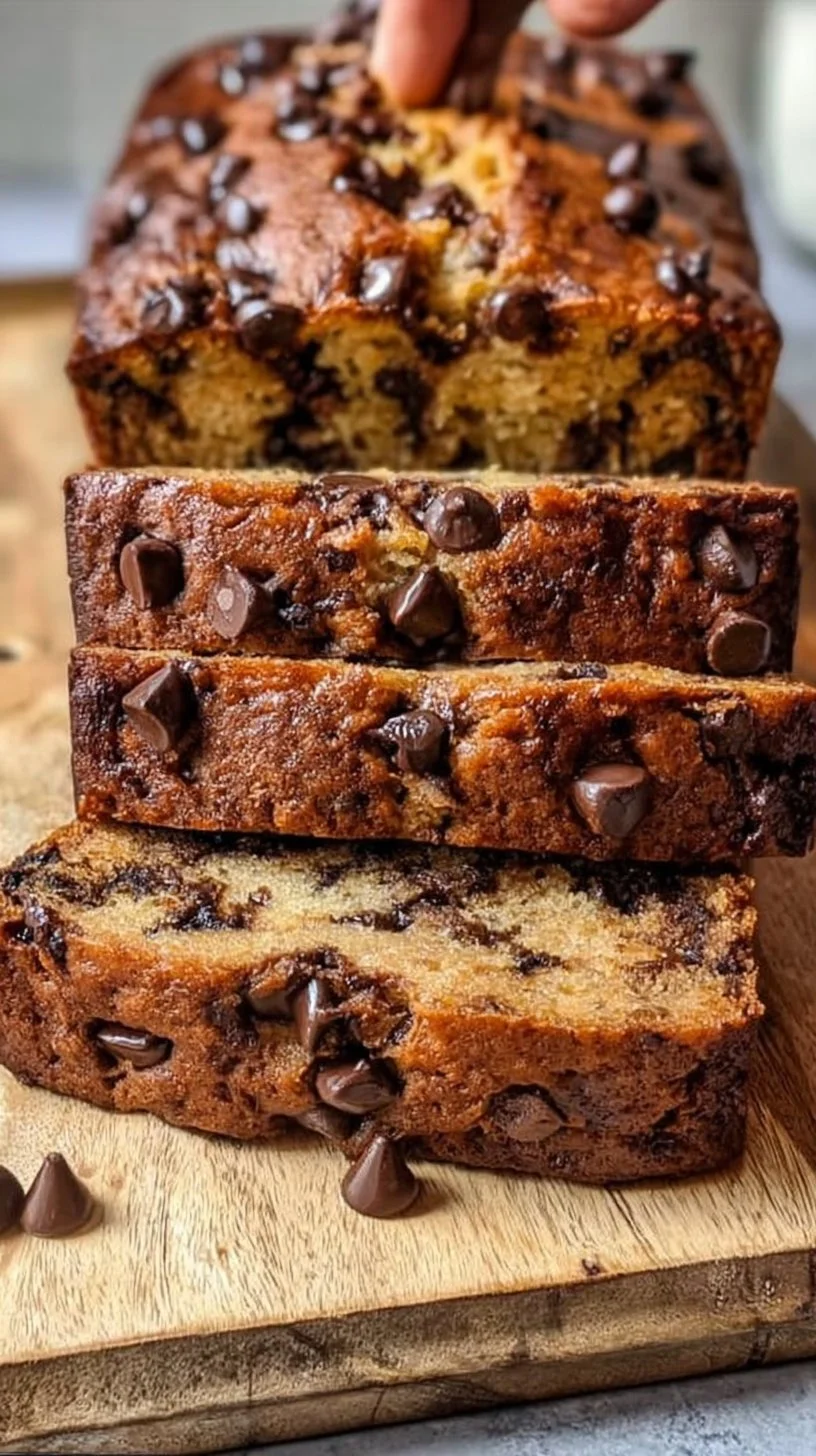 Slice of homemade chocolate chip banana bread fresh out of the oven