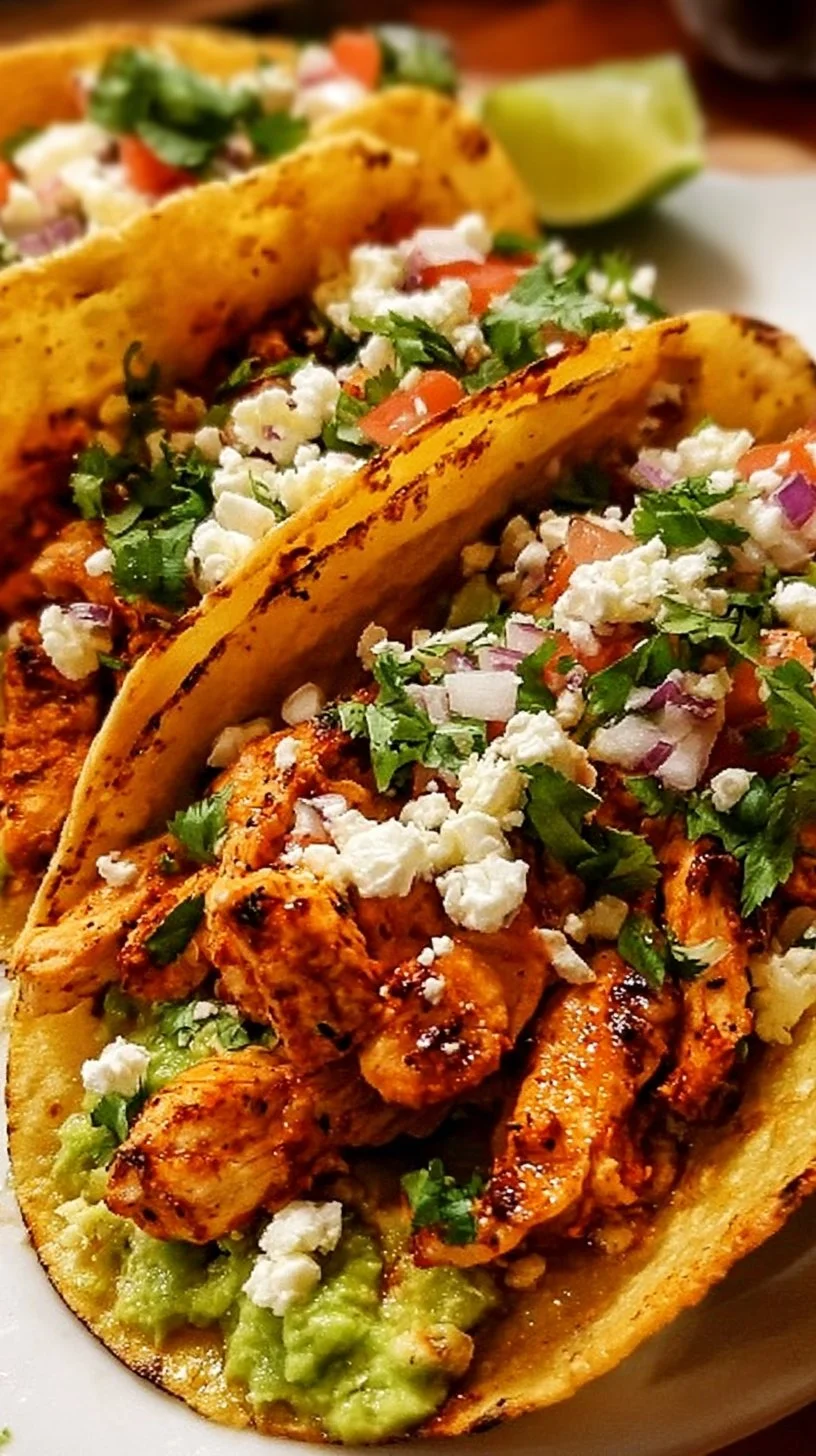 Cilantro-lime chicken tacos garnished with fresh cilantro on a plate