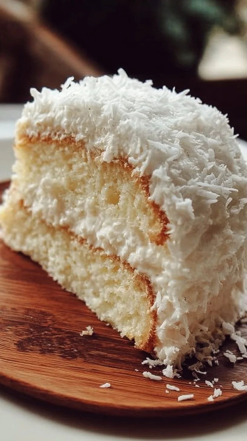 Delicious Coconut Cloud Cake topped with coconut flakes and creamy frosting