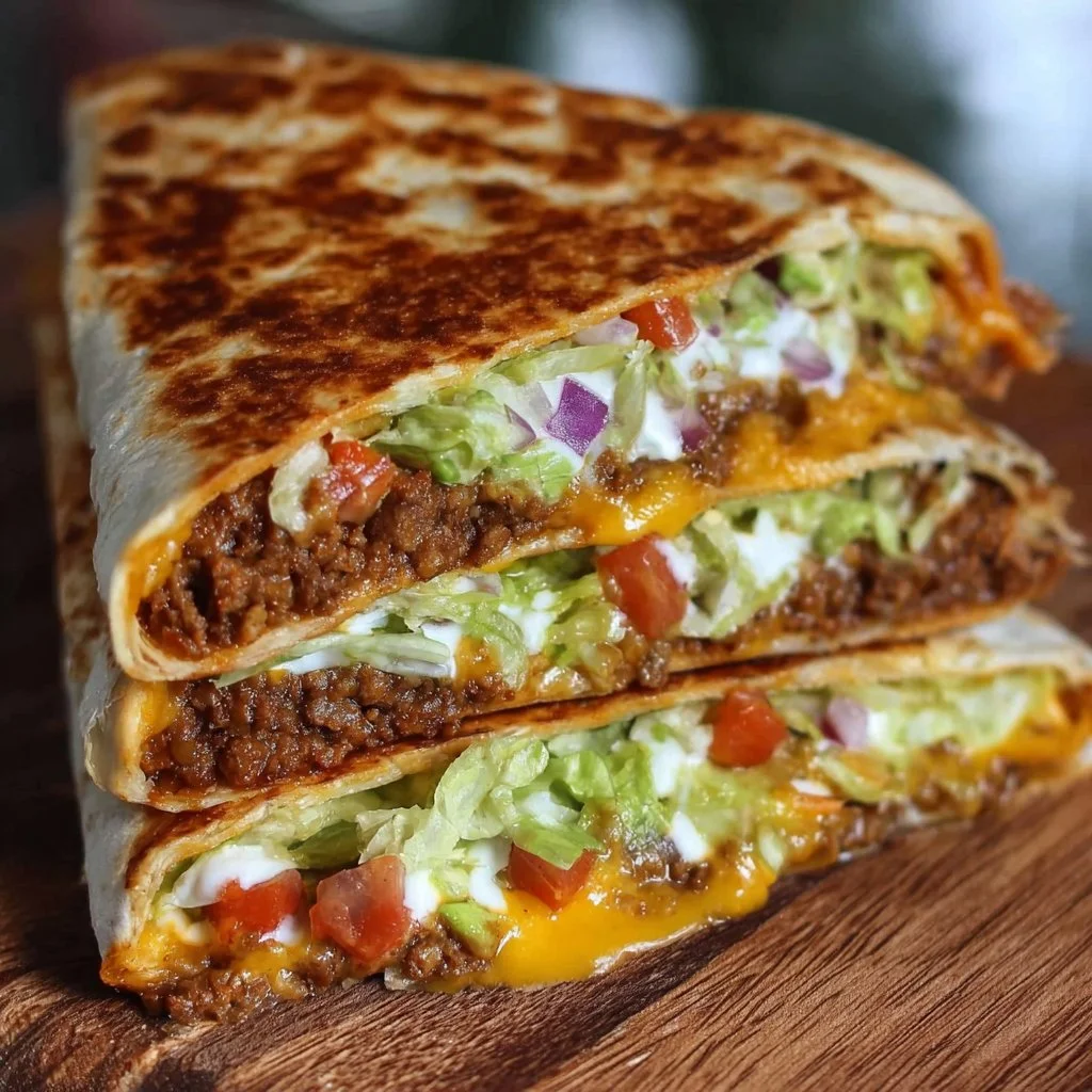 Homemade Copycat Crunchwrap Supreme with layers of ingredients