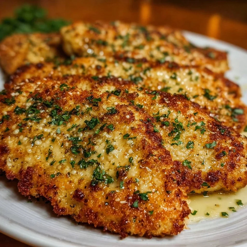 Plate of copycat Longhorn Parmesan Crusted Chicken garnished with herbs
