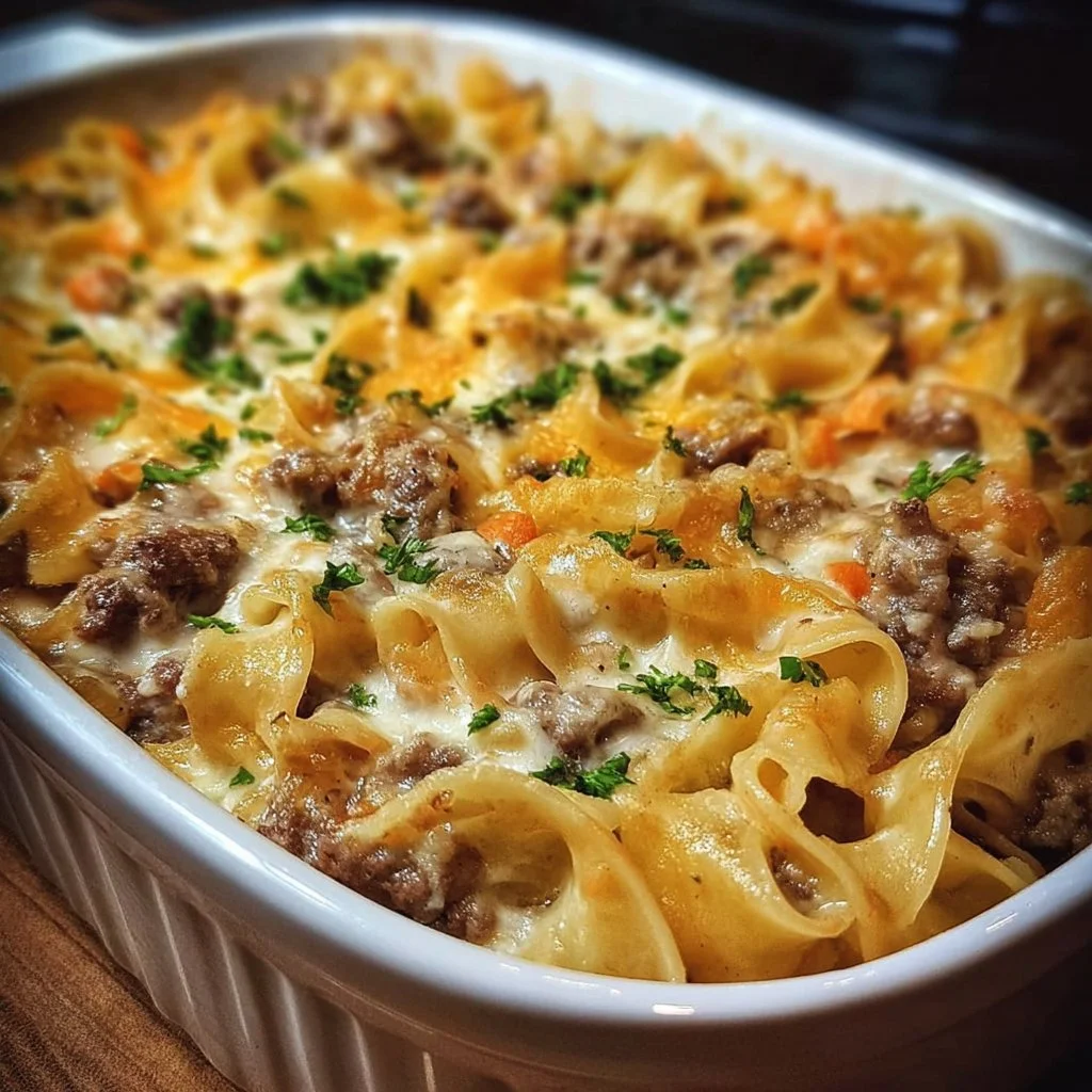 Delicious creamy beef noodle casserole topped with sour cream and cheese