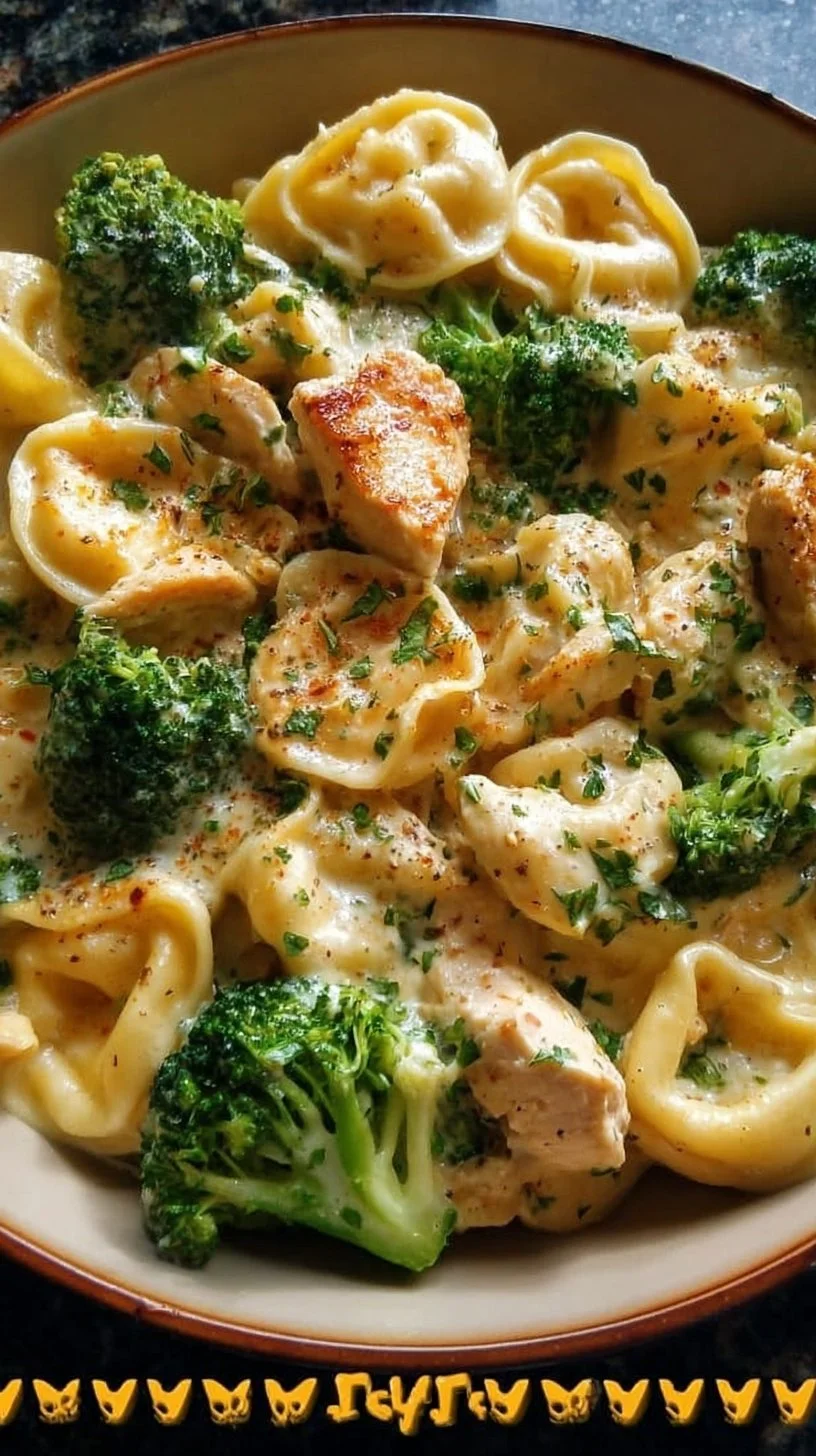 Creamy chicken tortellini with broccoli served in a bowl