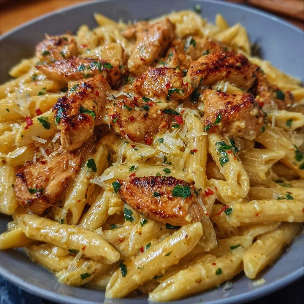 Creamy cowboy butter chicken pasta garnished with herbs and spices