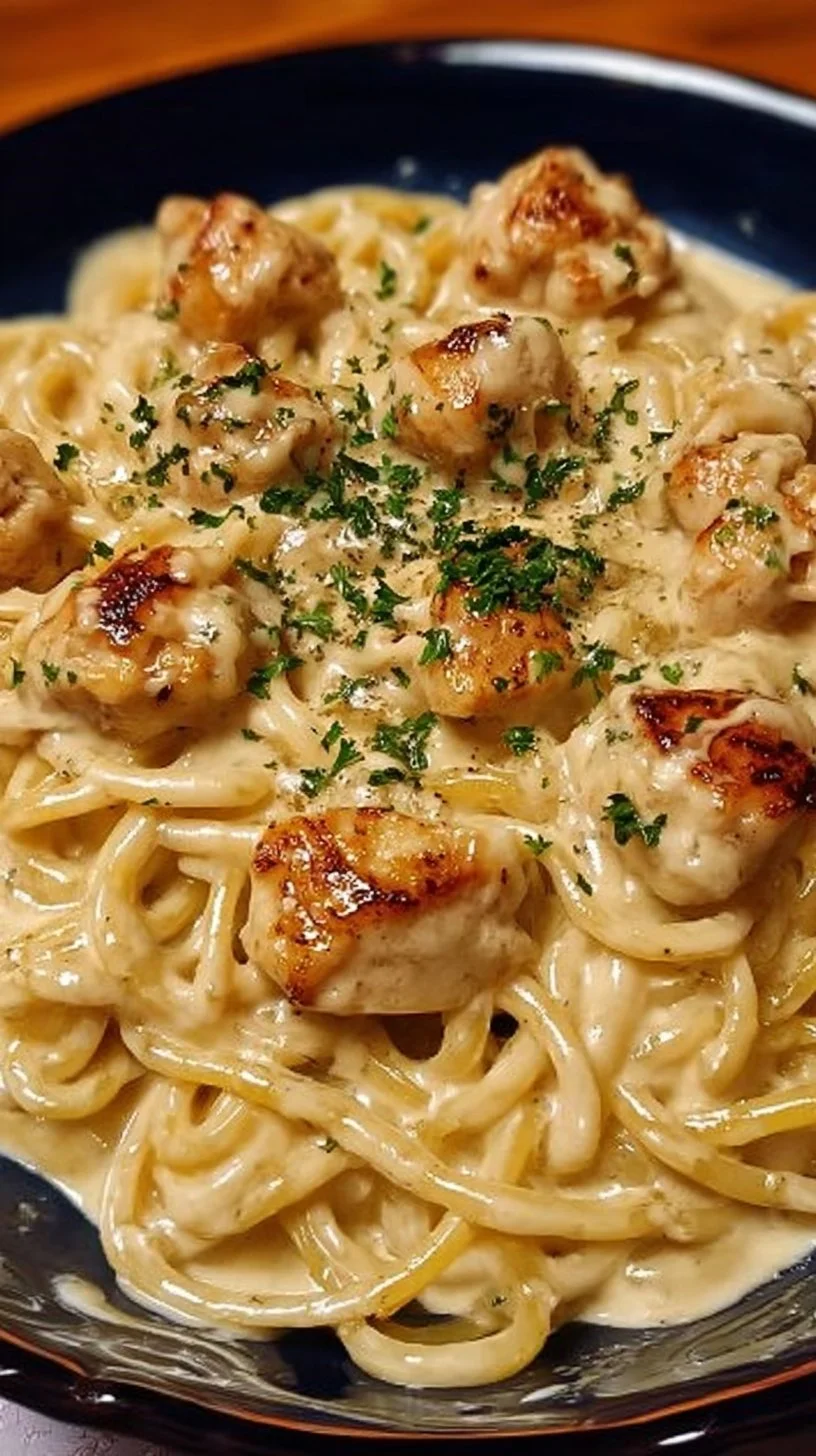 Creamy garlic parmesan chicken pasta dish garnished with parsley.