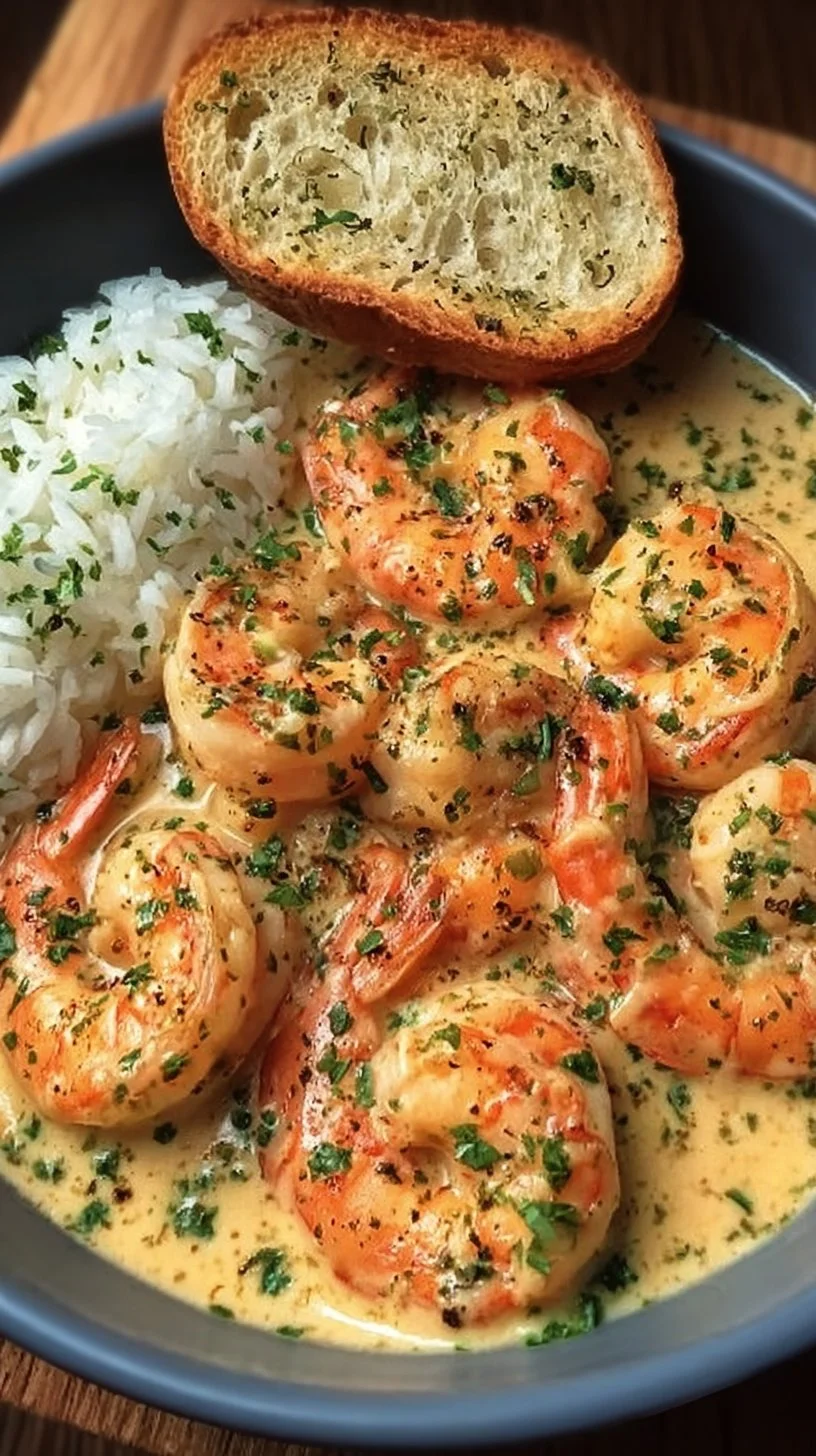 Creamy garlic shrimp served in a skillet garnished with parsley