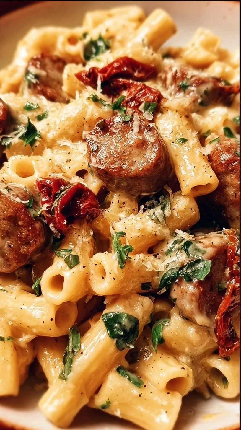 Plate of creamy Tuscan sausage pasta garnished with herbs and cheese