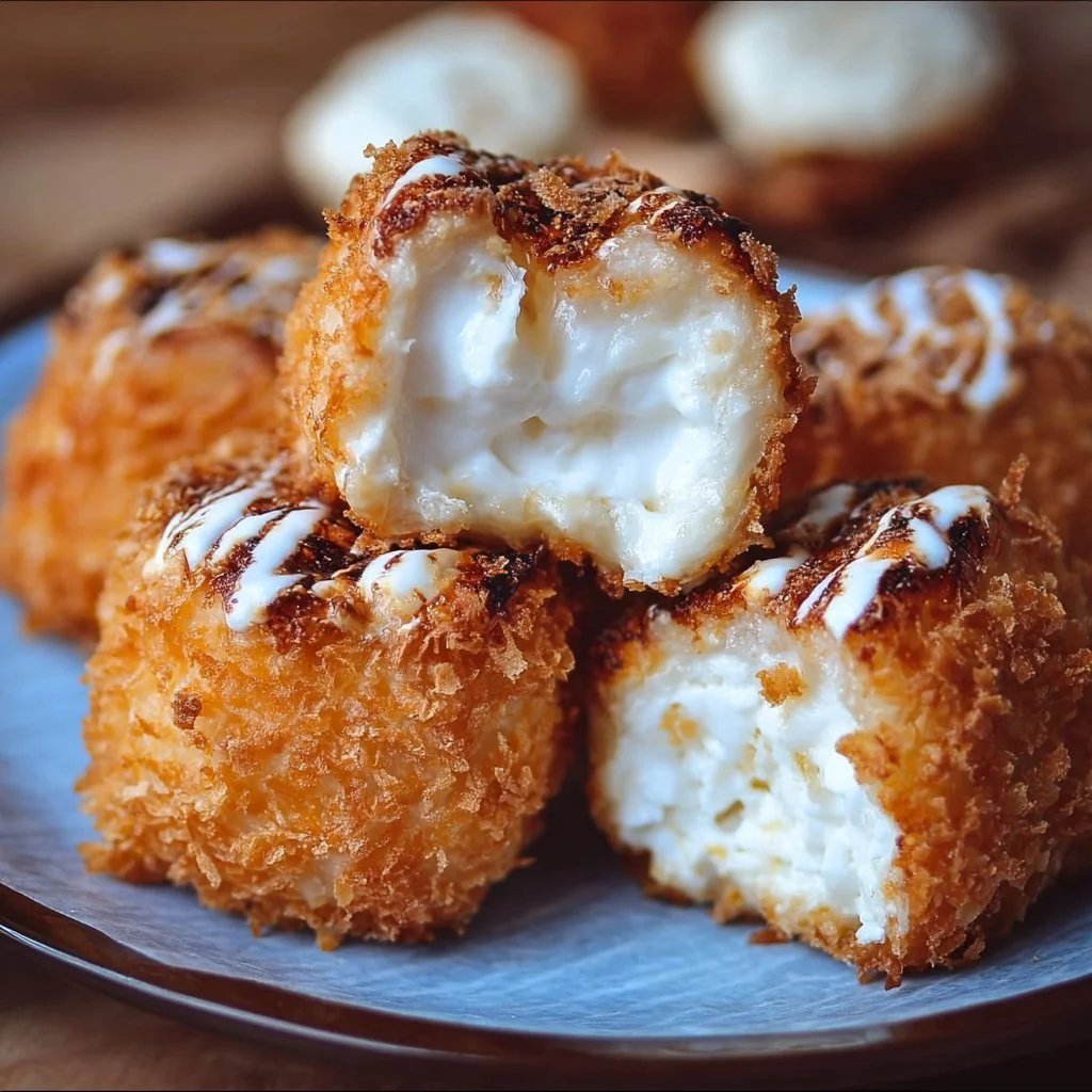 Deep fried marshmallow dessert served on a plate, golden and crispy.