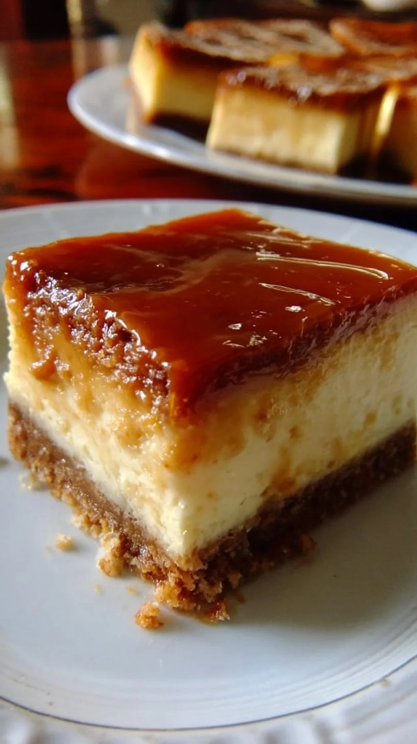 Slice of delicious Dulce de Leche Cheesecake topped with caramel sauce