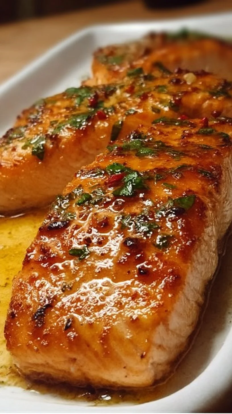 Deliciously easy baked salmon plated with lemon and herbs