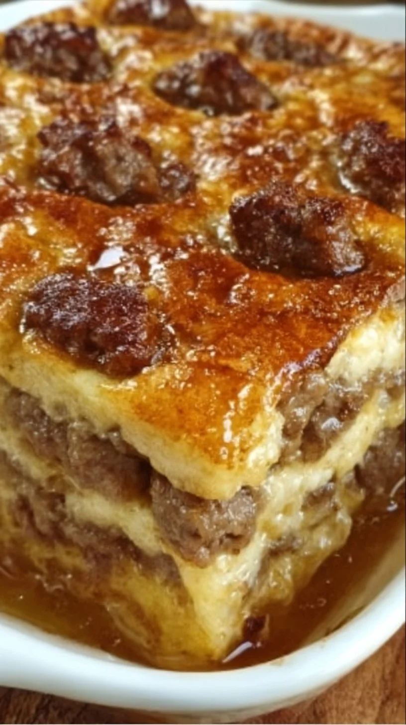 Delicious pancake sausage casserole ready to serve for breakfast or brunch