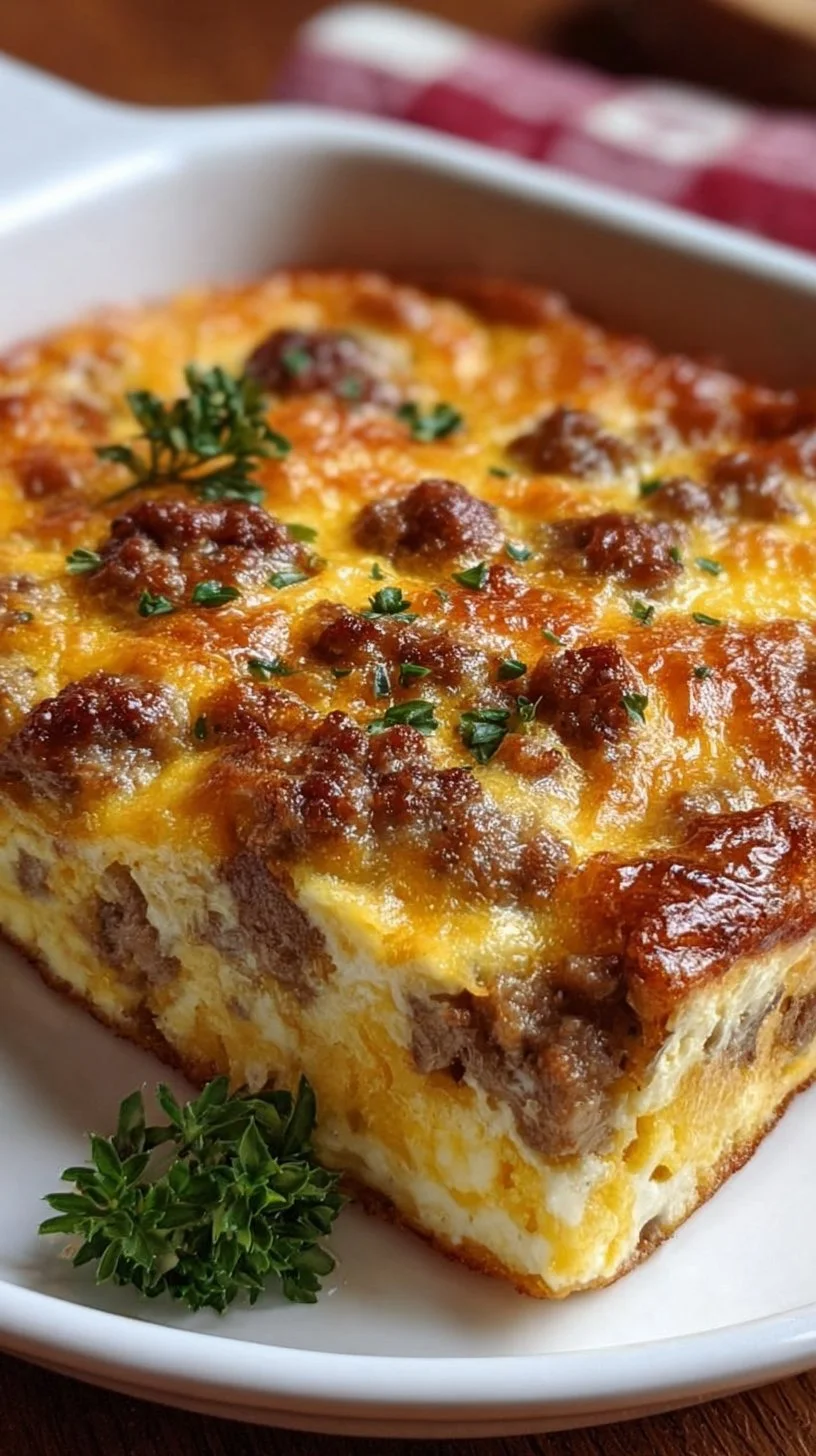 Delicious easy sausage and egg casserole baked in a dish