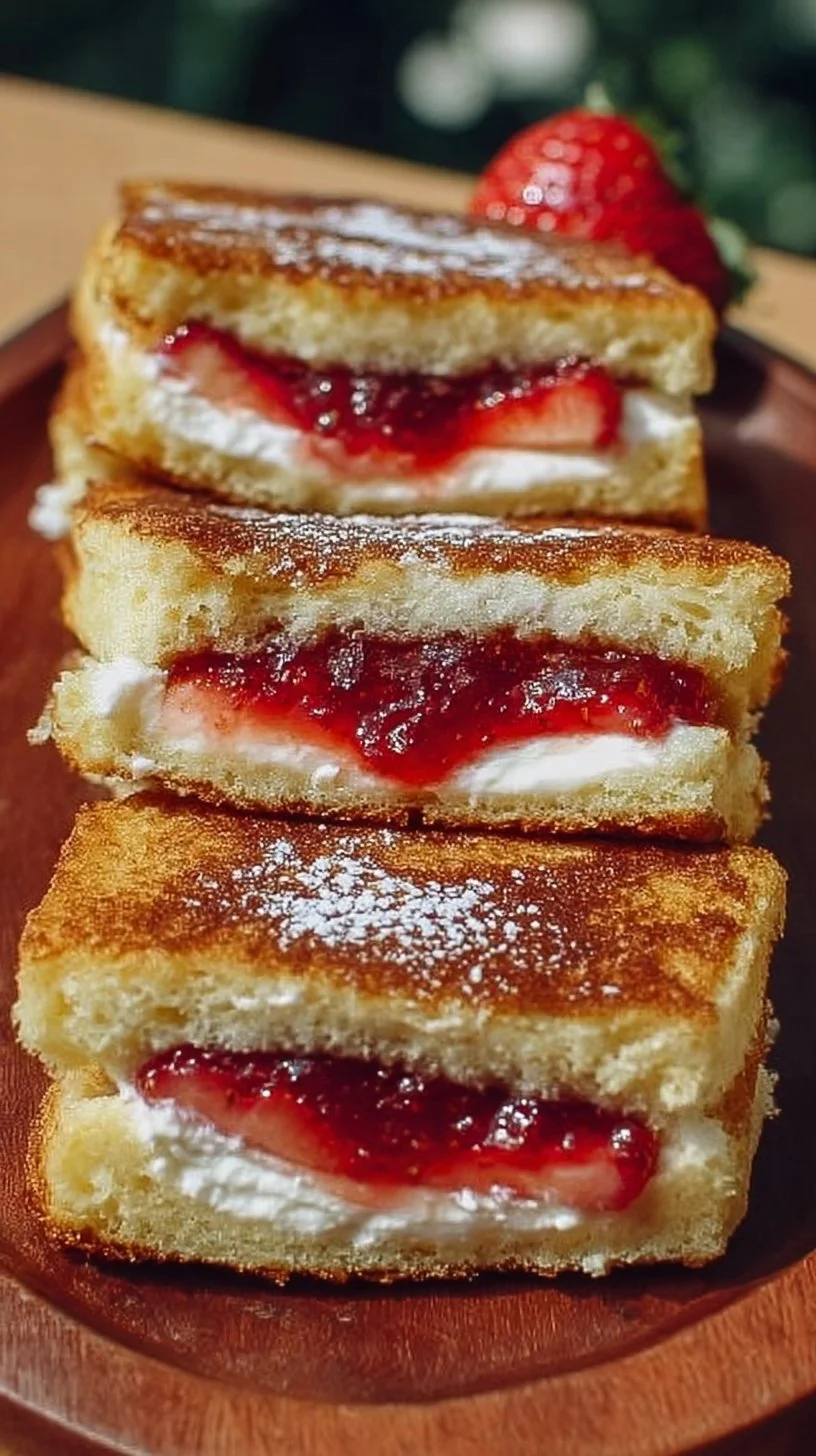 Fried strawberry cheesecake sandwiches served on a plate with fresh strawberries